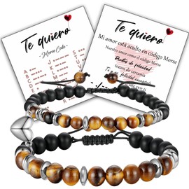 Jbniuay Pulsera de código Morse, pulsera de pareja, atracción magnética en forma de corazón., tiger's eyes