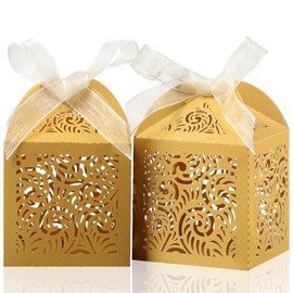 COTOPHER 60Pcs Laser Cut Favor Boxes, 2x2x2.75in Small Gift Boxes for Presents, Party Wedding Favors Boxes with Ribbon, Mini Candy Boxes for Event Bridal Shower Anniversary Birthday Christmas, Gold