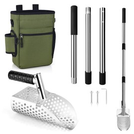 Metal Detector Scoop & Multifunctional Metal Detecting Waist Pouch,Long Handle Sand Scoop for Metal Detecting,Stainless Steel Sand Sifter Shovel for Beach, Underwater Treasure Hunting