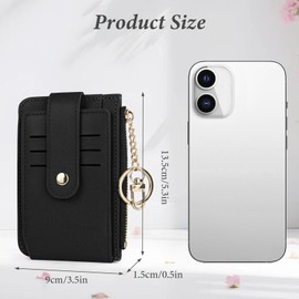 Feelorna Credit Card Holder for Women, PU Leather Front Pocket Slim Wallet with 7 Card Slots and 1 ID Window, Minimalist Small Wallet with Keychain Zipper Coin Pocket (Black)