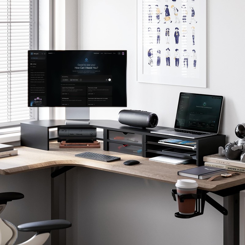 Fenge Dual Monitor Stand, 2-Tier Corner Monitor Riser with Drawer