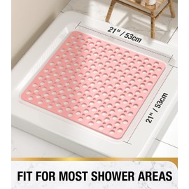 HITSLAM Square Shower Mat Non Slip Anti Mould, 53 x 53 cm Rubber Bath Mat for Tub Anti Slip, Bathroom Anti Slip Shower Mat With Suction Cups and Drain Holes, Machine Washable, Pink