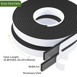 Weather Stripping Door Seal Black,1Inch Wide X 1/4 Inch Thick,Air Conditioner Window Seal,Self Adhesive Foam Tape High Density Foam Sealing Strip,Soundproof Foam Tape Roll,2 Rolls Total 32.8Ft