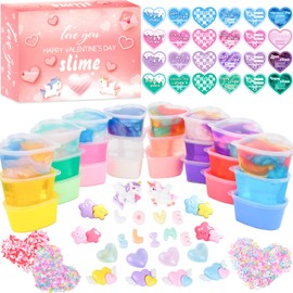 24 Pack Valentines Day Gift with Slime, Heart Bulk Slime for Kids Party Favors, Soft Non-Sticky, Stress Relief Fidget Toys, Valentine Party Supplies, Classroom Reward, Exchange Gift for Girls Boys