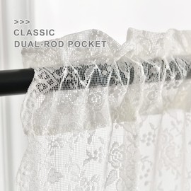 FINECITY Lace Tier Curtains 36 Inch Length - Vintage Rose Floral Farmhouse Lace Kitchen Curtains, Short Lace Cafe Curtains for Small Windows, Scalloped Lace Curtains, W25 x L36 Inch, 2 Panels, Ivory