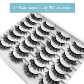 False Eyelashes Fluffy Faux Mink Lashes, Yasnai Natural Eyelashes，14 Pairs Pack 9D Wispy Cat Eye Fake Lashes