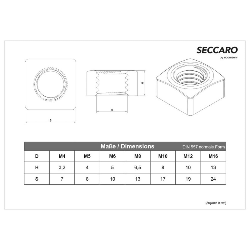 SECCARO 20 x M5 Square Nut Stainless Steel V2A VA