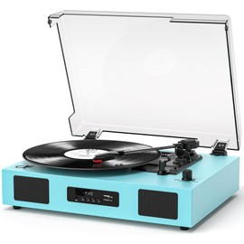 Vinyl Record Player Vintage Wireless Bluetooth Record Player with Enhanced Speakers, USB Recording, LP Player with 3-Speed Belt Drive Turntable Support RCA Line-Out AUX Input EQ,Blue