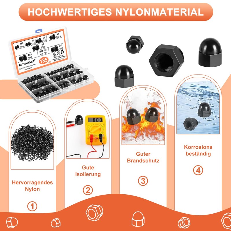 Cap Nuts High Shape Set 185 Pieces M3/M4/M5/M6/M8/M10/M12 Hexagonal Cap