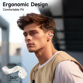 aigo Open Ear Earbuds, Wireless Bluetooth Earphone, Clip on Headphones, Over The Ear Earbuds for Fitness Running Gym Workouts, Built-in Mic, Wireless Charging, Off White Headset