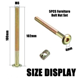 M6 Furniture Bolt Nut Set, 5PCS Hex Socket Bed Bolts, Half Moon Nuts, M6 x 100mm Furniture Connecting Bolts, Bolt and Nuts Assortment Kit for Furniture, Cots, Chairs