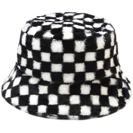 Malaxlx Winter Faux Fur Furry Chess Black White Bucket Hat Fluffy Fuzzy Warm Hat Plush Fisherman Hat for Women Teens Girls