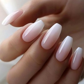 24PCS Press on Nails Medium Coffin, French False Nails Pink White Gradient Acrylic Fake Nails, Natural Ballerina Removable Full Cover Glue on Nails for Women Daily Wear 12 Sizes