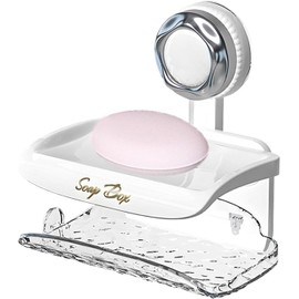 Suction Soap Holder - Wall Soap Dish with Drain, Shower Soap Holder with Suction Cup | Soap Saver Box Case, Drain Rack Holder Soap Storage Tray for Home Shower Bathroom Tub (White, Double Tray)
