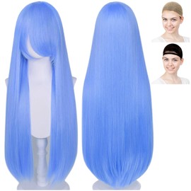 CaseEden WIG6143 Cosplay Wig, Full Wig, Heat Resistant, Straight, Long, 39.4 inches (100 cm), Light Blue, Light Blue