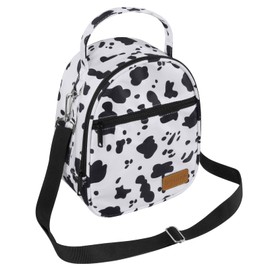 Joymee Lunch Box Insulated Lunch Bag Women Men Reusable Cooler Bag Adult Cute Lunch Tote Bags with Front Zipper Pocket,Adjustable Shoulder Strap for Work Office Picnic Travel, Cow Print White