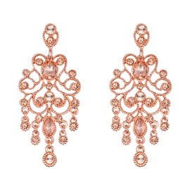 BriLove Wedding Bridal Dangle Earrings for Women Vintage Style Crystal Drop Hollow Filigree Chandelier Peach Morganite Color Rose-Gold-tone