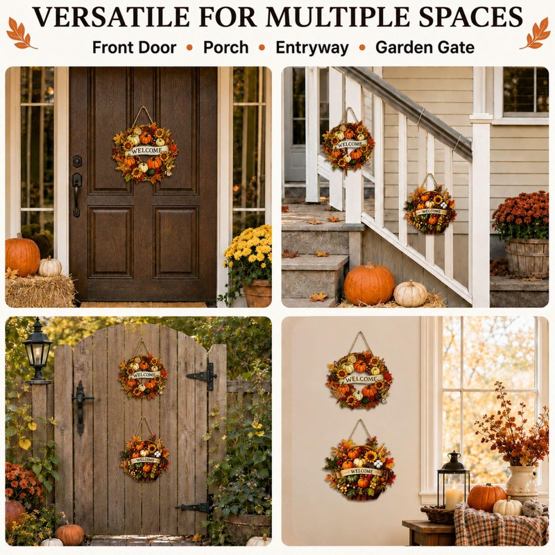 2-Piece Fall Door Decor Set, Welcome Wreath and Harvest Basket