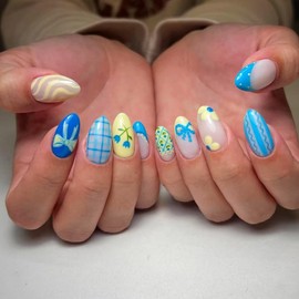 Almond Flower Press on Nails Medium Fake Nails Blue Yellow French Tip Acrylic Nails with Cute Bow Blue Plaid Designs Spring Summer Glue Nails Full Cover Artificial False Nails for Women Girls 24PCS