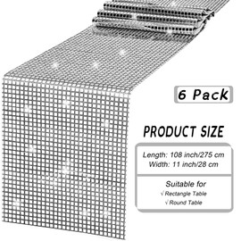 durony 6 Pack Disco Party Table Runner Mirror Silver Glitter Foil with Sparkle Sequin Table Runner for Bachelorette Party 70s Party Disco Cowgirl Party Decorations