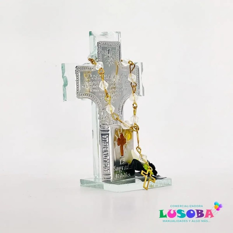 Cruz de Cristal con Mono y Mini Biblia Luctuoso 12