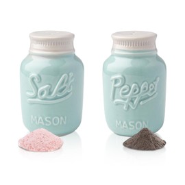 Vintage Mason Jar Salt & Pepper Shakers by Comfify - Adorable Decorative Mason Jar Decor for Vintage, Rustic, Shabby Chic - Sturdy Ceramic in Aqua Blue - 3.5 oz. Cap.