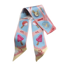 JERLA 100% Mulberry silk Scarf Head Hair Ribbon Handbag Handle wrap Tie Bundle Neckerchief Scarf for women (Ice cream blue and pink)