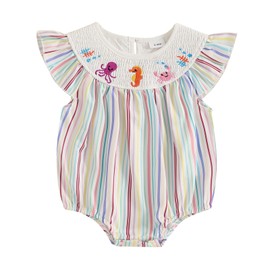 Newborn Baby Girl Outfit Octopus/Crab/Seahorse Stripe Sleeveless Smocked Bubble Romper Infant Bodysuit Summer Clothes (Multicolor, 0-3 Months)