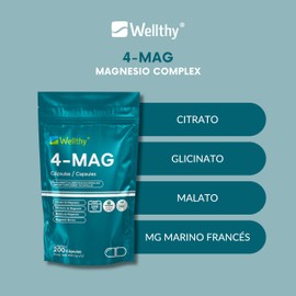 Wellthy 4-MAG Magnesio Complex 200 Cápsulas. Equivalente a 360mg de Magnesio. Citrato de Magnesio, Glicinato de Magnesio, Malato de Magnesio y Magnesio Marino, Cápsulas Veganas, Bottle Free.