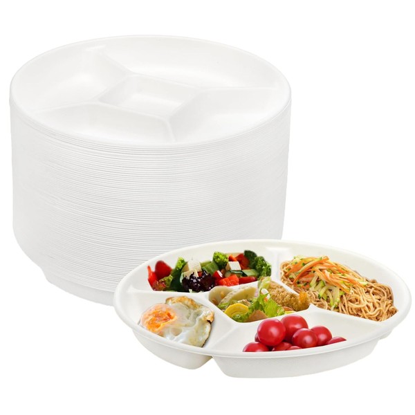 ZILAMGOO 50 Pack 5 Compartment Disposable Paper Plates, Eco-Friendly Sectional