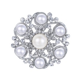 EVER FAITH Women's Wedding Jewelry Austrian Crystal Simulated Pearl Bridal Leaf Flower Brooch Clear Silver-Tone
