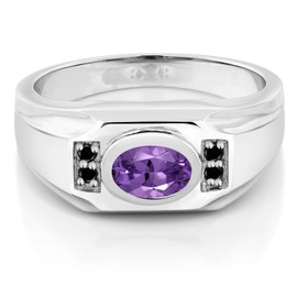 Gem Stone King Men's 925 Sterling Silver Purple Amethyst and Black Diamond Ring For Men | 1.23 Cttw | Gemstone February Birthstone | Oval 8X6MM | Available In Size 7, 8, 9, 10, 11, 12, 13