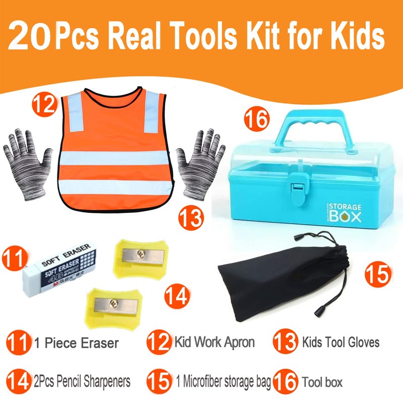 QeeHeng Kids Real 20Pcs Construction Tool Set with Blue Toolbox