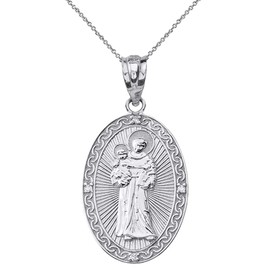 Sterling Silver St. Anthony Of Padua Oval Medal CZ Pendant Necklace (1.20"), 16"