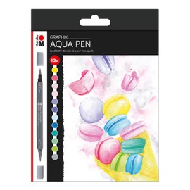 Marabu 0145000000105 Aqua Pen Graphix, Ice Ice Baby, Watercolour Felt Pens in Set with 12 Colours, Brilliant Shades, Water-Based Ink, with Double Tip, Watercolour Can be Watercolour on Watercolour