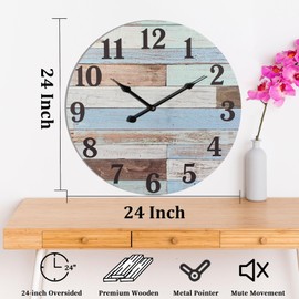 Eruner 24 Inch Blue Woodgrain Shiplap Wall Clocks for Living Room Decor, Large Farmhouse Wall Clock,Coastal Beach Nautical Style,House Warming Gifts New Home
