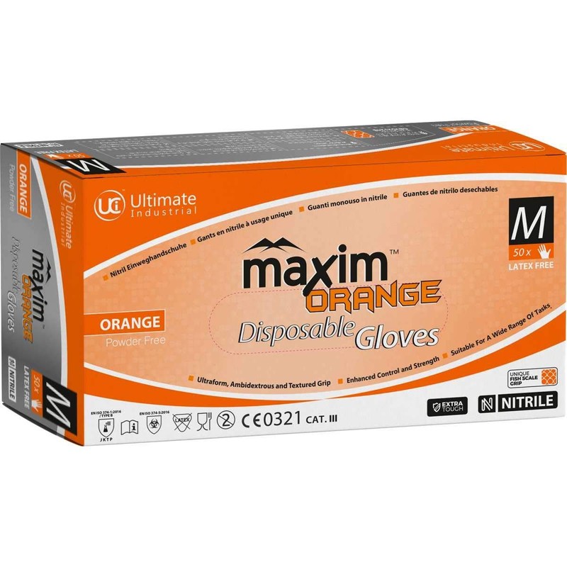 UCi GLOVES, DISPOSABLE, MAXIM-ORANGE, NITRILE, P/FREE, BOX OF 50, SIZE