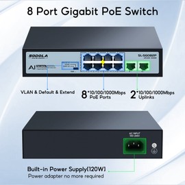 SODOLA 8 Port Gigabit PoE Switch,2 Gigabit Uplinks,120W 48V Built-in Power,802.3af/at,Plug & Play Unmanaged PoE Network Switch