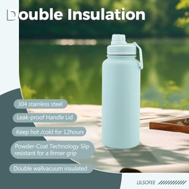 Lilsofee 32 oz Water Bottle Stainless Steel Double Wall Vacuum Insulated Wide Mouth Gym Sports Thermos with Leakproof Sippy Lid Outdoor Camping Metal WaterFlask Green