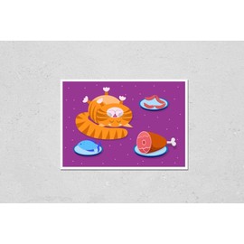 Food for cats, pets. A cute red cartoon cat with a funny muzzle, face lies on its back with its eyes closed, next to different foods. Dishes with ham, sausages and fish. For animal store, food.