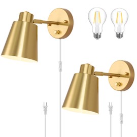 VATONI Plug in Wall Sconces, Dimmable Wall Sconces Adjustable Angle Wall Lights with Plug in Cord and Dimmer On/Off Knob Switch, Gold Wall Mounted Light for Bedroom Bedside Stairway(2 Pack, 2 Bulbs)