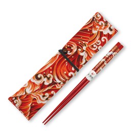 LANHUTHS Chopsticks Reusable with Case, Bamboo Chopstick Gift Set Red Ocean Wave Pattern Portable Chop Sticks Chinese Japan Style for Travel, Outside