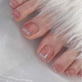 BAOYAALIN Nude Press on Toenails Short Square French Tips Glitter Fake Toe Nails with Design Acrylic False Artificial Glue on Toenails Summer Stick on Toe Nails for Women 24Pcs in 12 Sizes