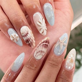 24PCS Ocean Theme Press On Nails - 3D Blue White Starfish & Seashell False Nails with Glue & File, Perfect for Summer Beach Party & Daily Wear