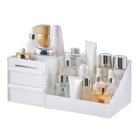 UFORU Perfume Cologne Organizer, Perfume Stand Shelf with 2 Drawers, Bathroom Counter Organizer and Storage for Skincare, Makeup, Cosmetics, White