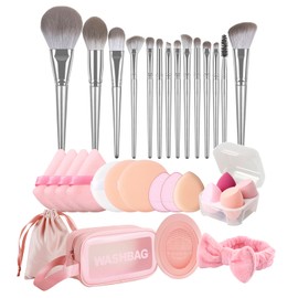 Makeup Brush Set, Makeup Brush Set with Triangle, Rounds and Mini Powder Puff, Cosmetic Sponge, Cleaning Mat, Carry Bag, Makeup Tool Set for Foundation, Powder, Concealer, Eyeshadow