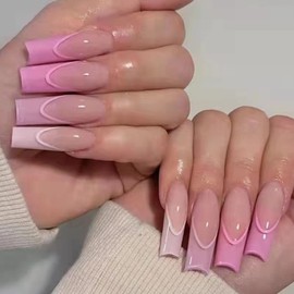 MERVF Long Press on Nails Coffin Fake Nails Pink French Tip Ballerina Glue ons Ombre Acrylic Glossy 24pcs False Nail