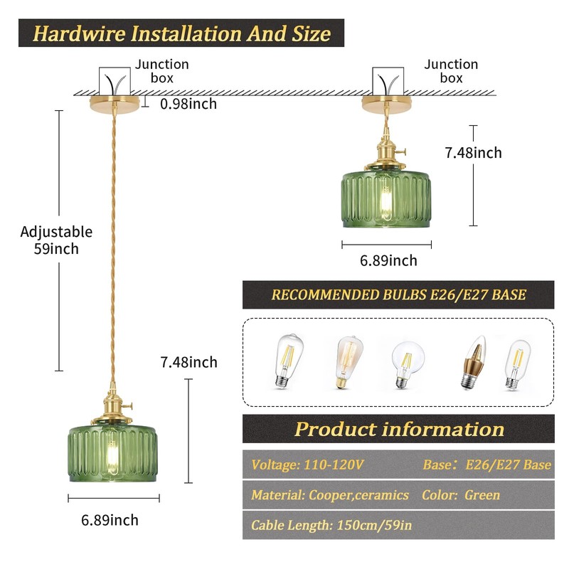 Shenmoyl Pendant Light with Green Striped Glass Lmapshade, Brass Vintage