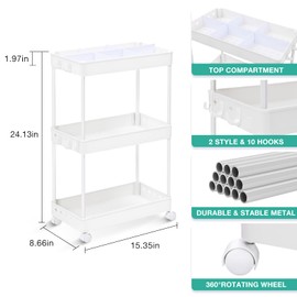 KINGRACK 3-Tier Utility Rolling Carts with Adjustable Dividers,Multi-Purpose Storage Craft Art Cart Trolley Organizer Serving Cart for Bathroom Rolling Cart for Kitchen Living Room Bedroom,White
