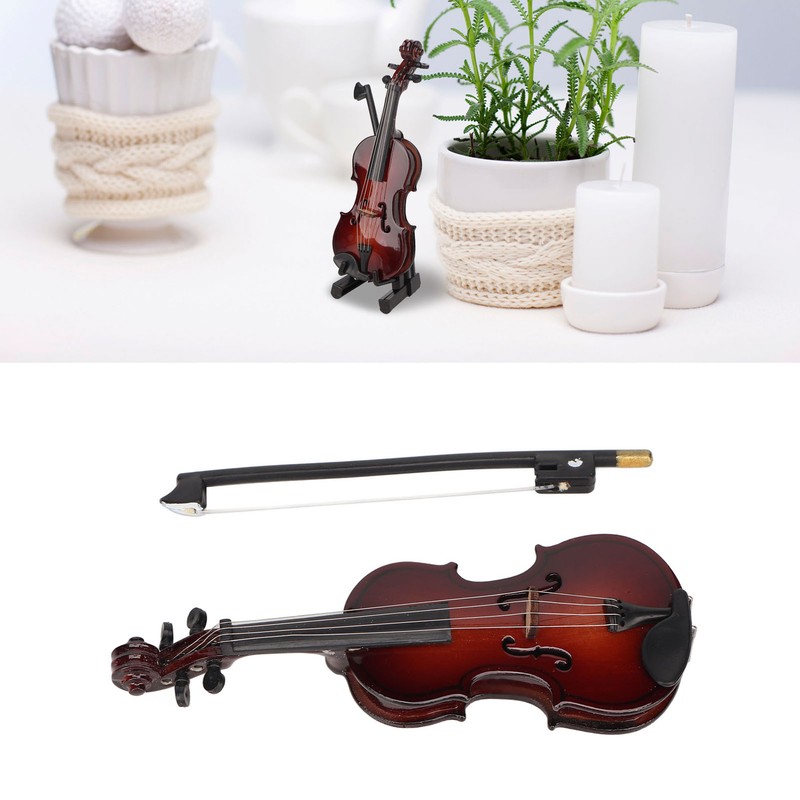 Wooden Miniature Violin with Stand Bow and Case Mini Musical